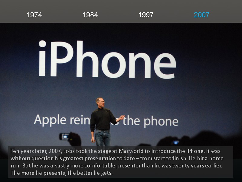 1974 1984 1997 2007 Ten years later, 2007, Jobs took the stage at Macworld